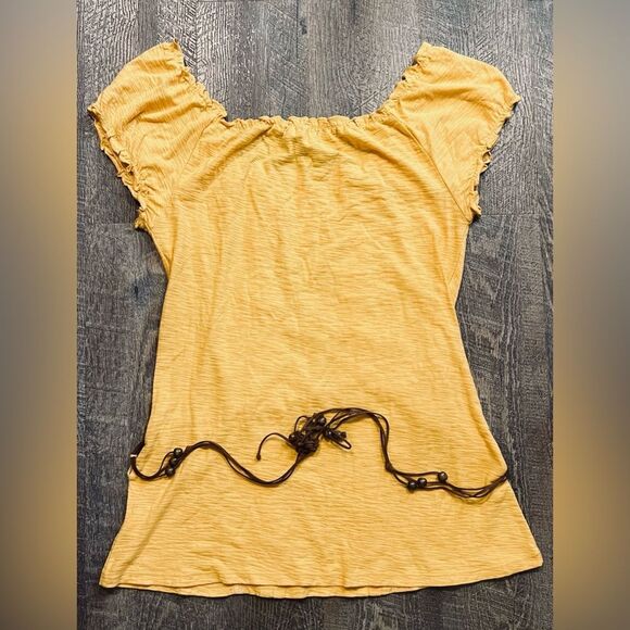 F.A.N.G. Mustard Yellow Boho Peasant Top L | Lace Trim & Bead Tie Accent - Picture 8 of 9